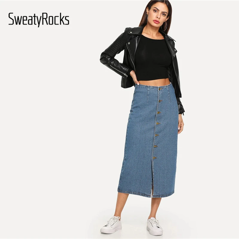 SweatyRocks, Джинсовая юбка с разрезом спереди, на пуговицах, уличная одежда, повседневные модные прямые однотонные юбки, весна, женские синие миди юбки