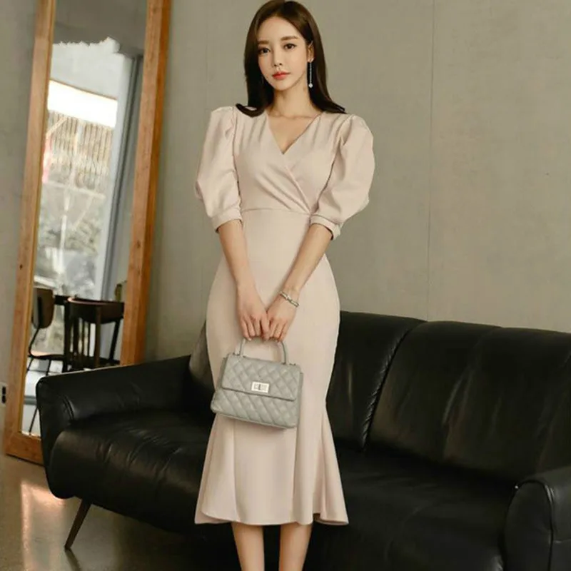 

ZAWFL Solid Mermaid Summer Dress 2022 Women Khaki Half Puff Sleeve V-neck Elegant Long Dress Vintage Bodycon Dress Vestidos