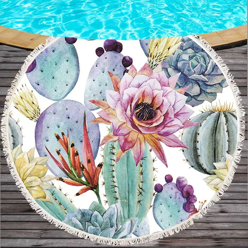 with tassel super fine fiber printed beach towel napkin 150 cm round towelDH009 | Дом и сад