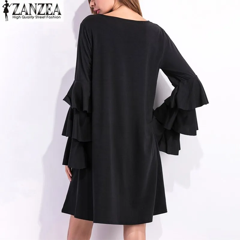 Elegant ZANZEA элегантные женские длинные расклешенные рукава мини платье