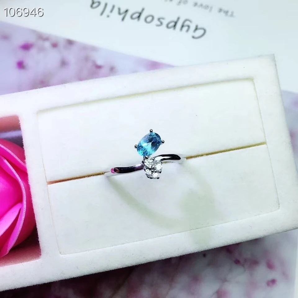 Модное простое круглое кольцо с натуральным синим топазом и драгоценным камнем в