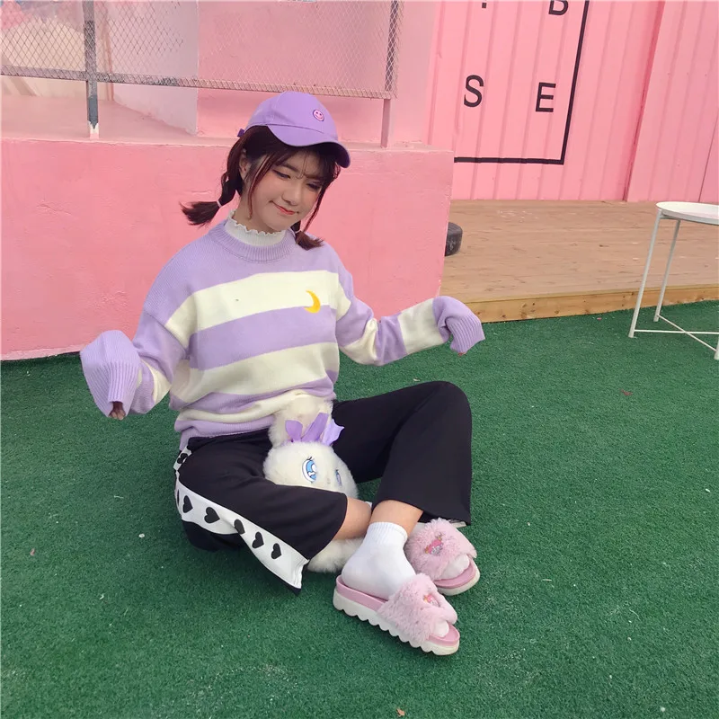 Harajuku модные женские туфли свитер сладкий Карамельный цвет полосатый вязаный свитер Симпатичные Луна вышивка хлопок Для женщин пуловер свитер
