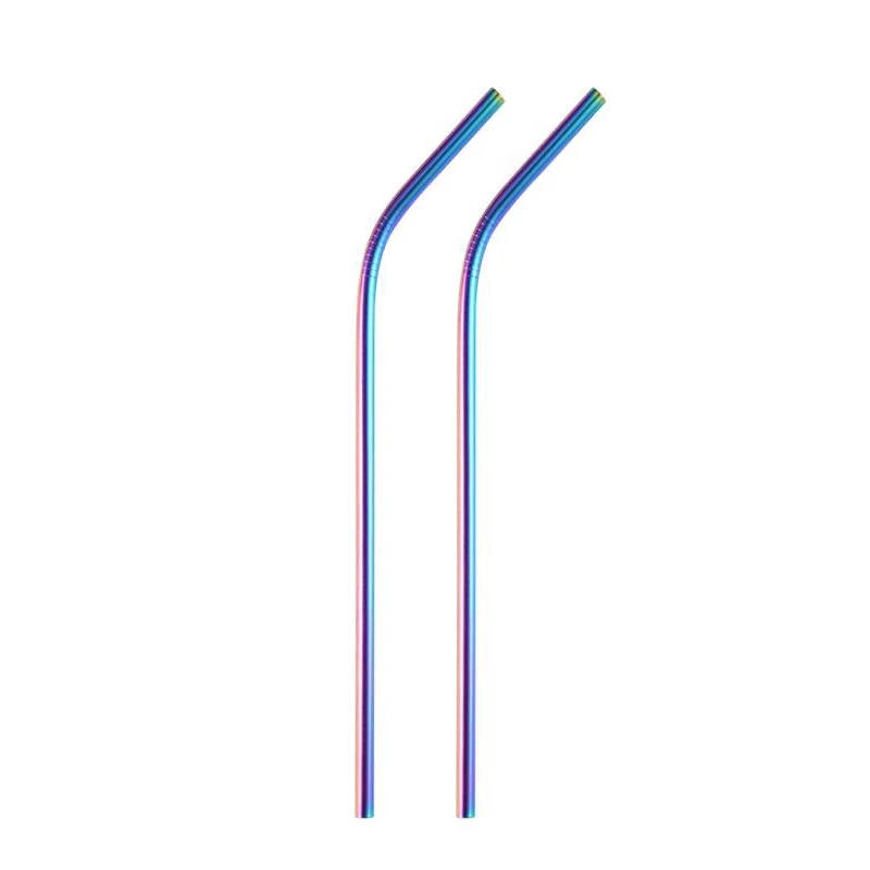 rainbow 2 pcs Многоразовая металлическая соломинка из нержавеющей стали для питья, согнутая прямая красочная соломинка, экологичные портативные соломинки с кистью - Цвет: rainbow 2 pcs