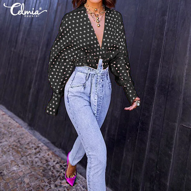 Fashion Crop Tops Celmia 2019 Autumn Women's Blouses Sexy Deep V Neck Long Sleeve Shirts Polka Dot Casual Party Blusas Plus Size |