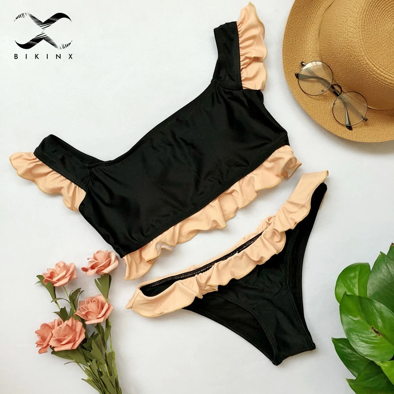 Bikinx Off shoulder ruffle купальник женский сексуальный черный купальники 2018 Push up купальный