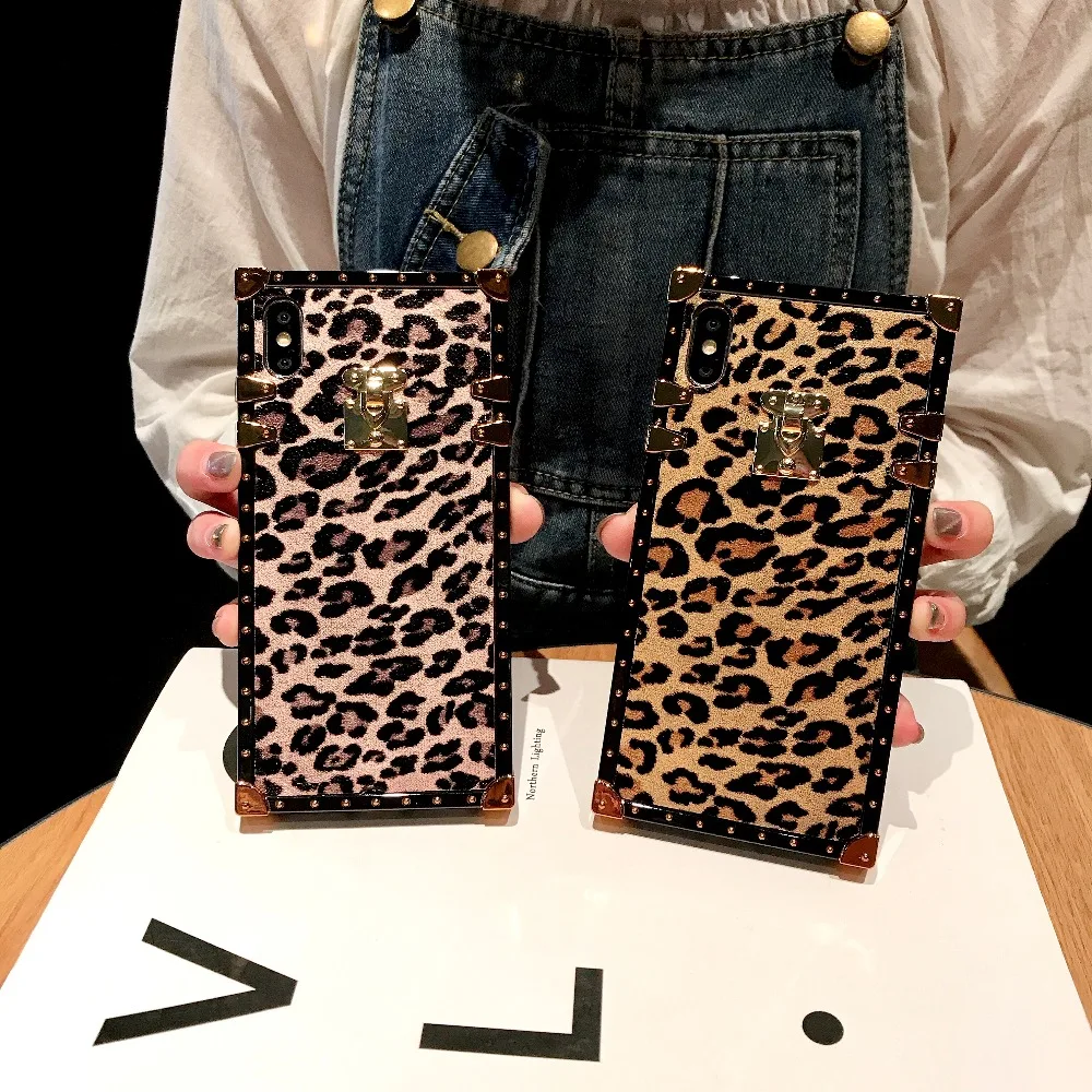 Fashion Rivet Square Box Leopard Case Cover For iPhone 11 Pro XS Max XR X 8 7 6S Plus Samsung Galaxy NOTE 10 9 8 S10E S9 S8 Plus