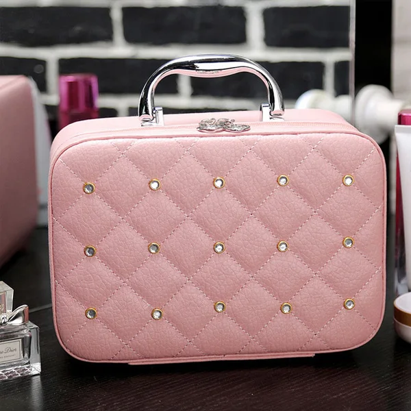 light pink SNUGUG роскошный женский шикарный косметический чехол с заклепками, стразы, коробка для макияжа, профессиональная сумка-тоут, косметичка, красивый чехол для Beignners - Цвет: light pink