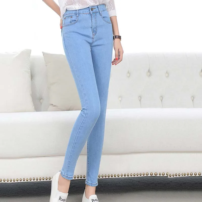 Весенние летние и осенние женские джинсы с высокой талией тонкие тянущиеся