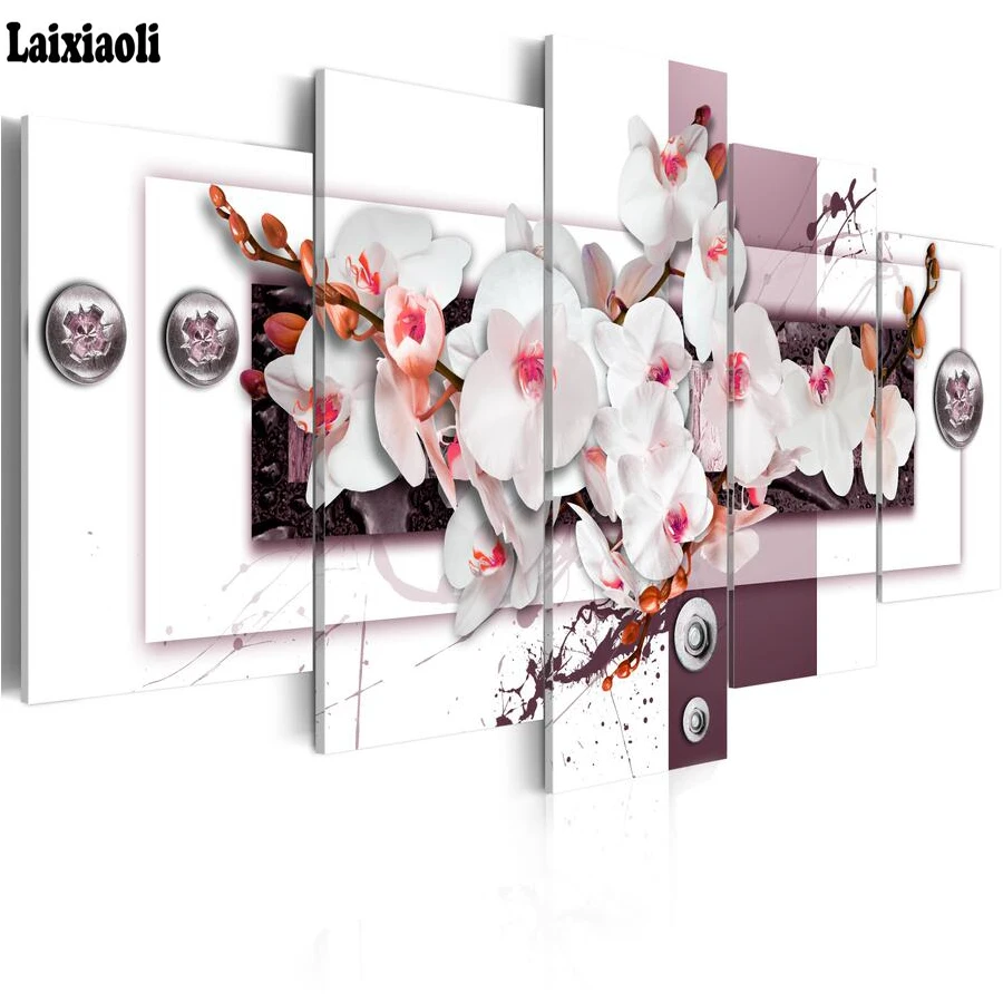 

5pcs DIY Diamond Painting white orchid flowers Cross Stitch Kits Full Diamond Embroidery 5D Diamond Mosaic Fashion Wall painting