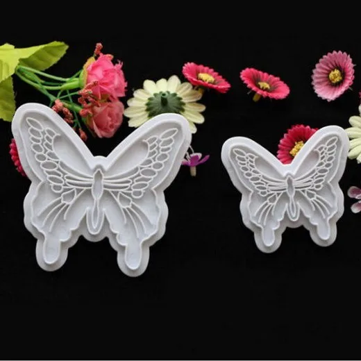 2016 New 2PCS/lot Hot Butterfly Cake Fondant Decorating Cookie Plunger Cutters Mold Tools Plastic Mould A001 |