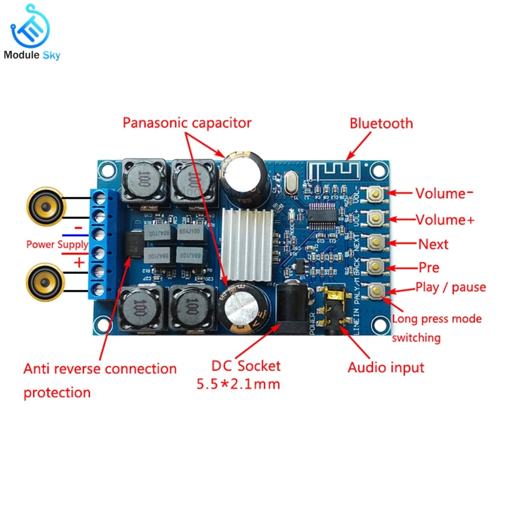 Bluetooth цифровой аудио усилитель двухканальный DC4.5-27V 50WX2 высокой мощности звуковая