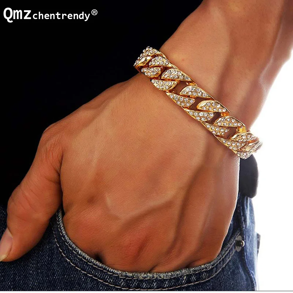 

Men Bling Miami Cuban Curb Chain Bracelet Hip Hop Women Hipsterd Rhinestone Fully Iced Out CZ Bracelets Luxury Brand Jewelry
