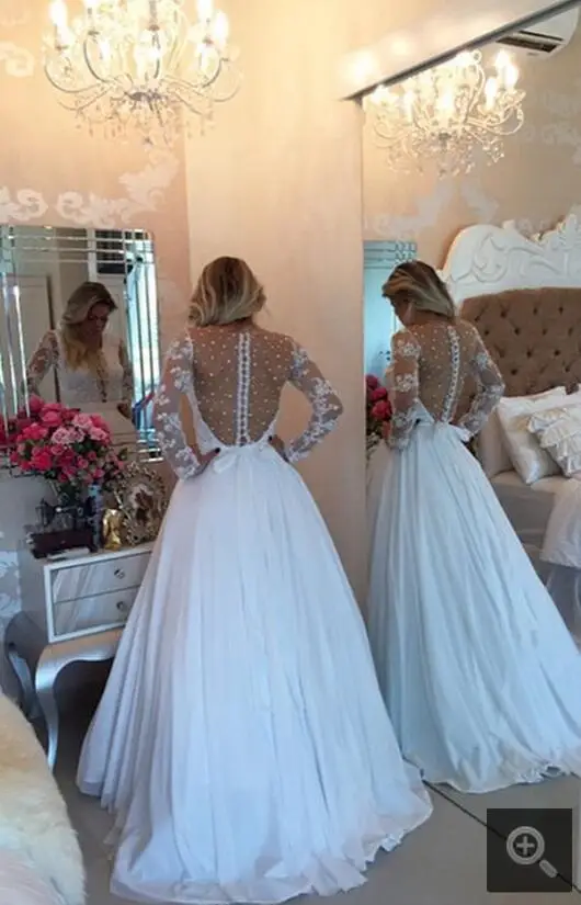 2017 new designer white chiffon deep v neck sexy wedding dress pearls long sleeve lace appliques sheer back bride | Свадьбы и