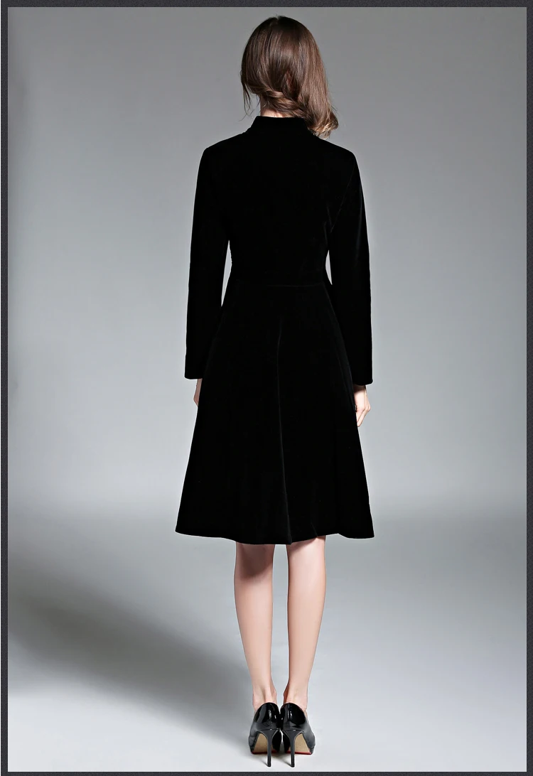 Черный Vintage Dress Женщины Элегантный Тонкий Бархат с Длинными Рукавами Платье Ol Office