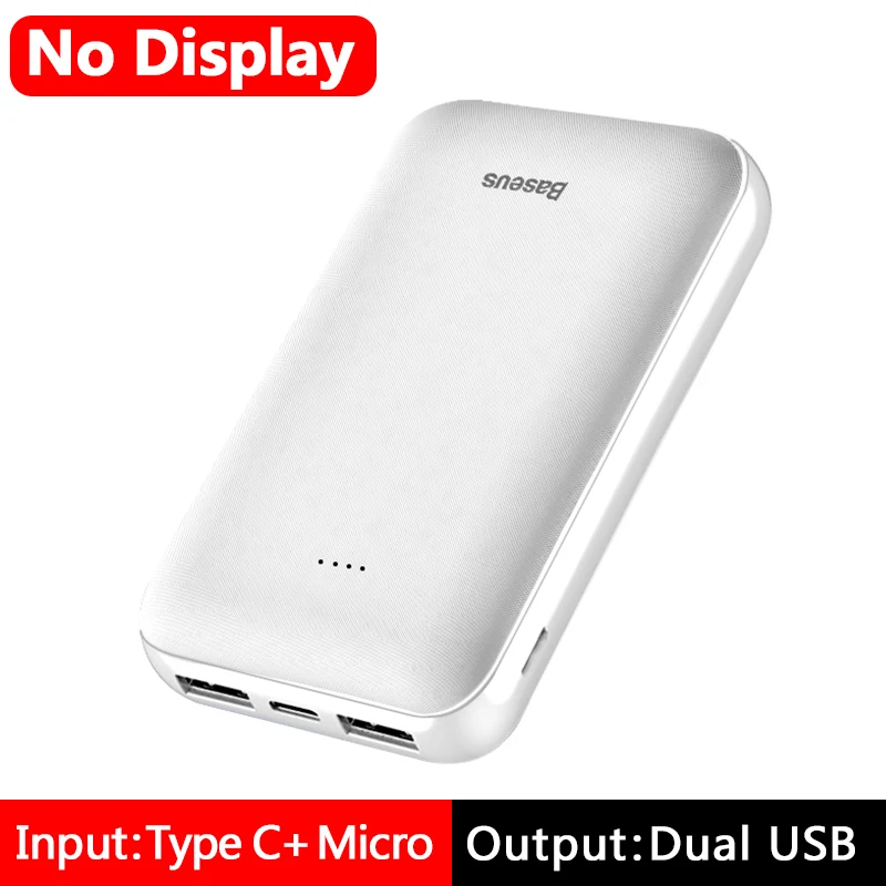 NO LED White Baseus 10000 мАч mi ni power Bank портативное usb type C быстрое зарядное устройство маленький 10000 мАч power bank для iPhone Xiaomi mi внешний аккумулятор - Цвет: NO LED White