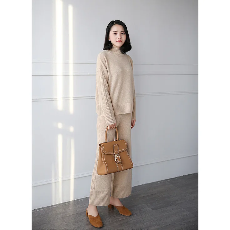 

Женские свитеры и пуловеры, зима 2020, женский шерстяной костюм из 2 предметов, кашемировый свитер с высоким воротником и вязаные брюки, Женски...