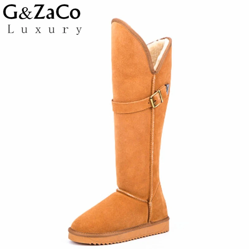 G& Zaco/роскошные новые зимние сапоги из натуральной воловьей кожи высокие зимние сапоги до колена женские водонепроницаемые сапоги на толстом меху с пряжкой - Цвет: maroon  nubuck leath