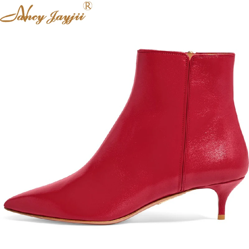 

Nancyjayjii 2 Inches Kitten Heel Women’S Ankle Boots Red Leather Pointed Toe Thin Heel Female Winter Booties 2021 Zipper Shoes