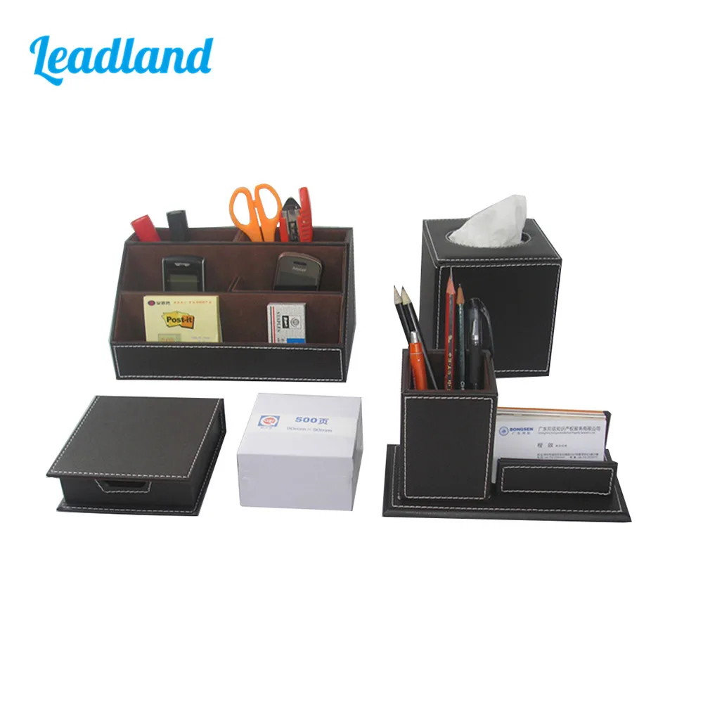 Kingfom Office Desk Organizer Set Wooden Pencil Storage Box Card Holder Note Paper Memo Pad Box Cube Tissue Case