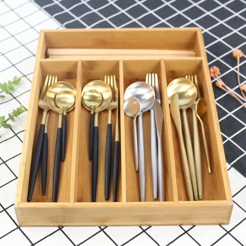 Контейнер для хранения кухонных столовых приборов 5 ячеек бамбуковый Органайзер