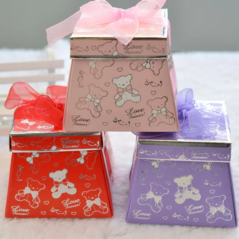 

50pcs/lot Beautiful Wedding Cute Bear Candy Box +Ribbon Unique Gift Box Creative DIY T Shape Box