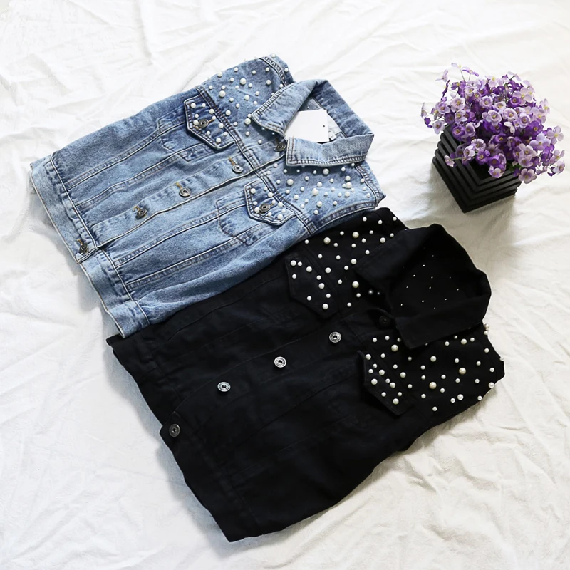 Streetwear Pearls Short Denim Jacket Single Breasted Black Jean Jackets Full Sleeve Basic Coat Women Casual Loose Outerwear 2018 | Женская