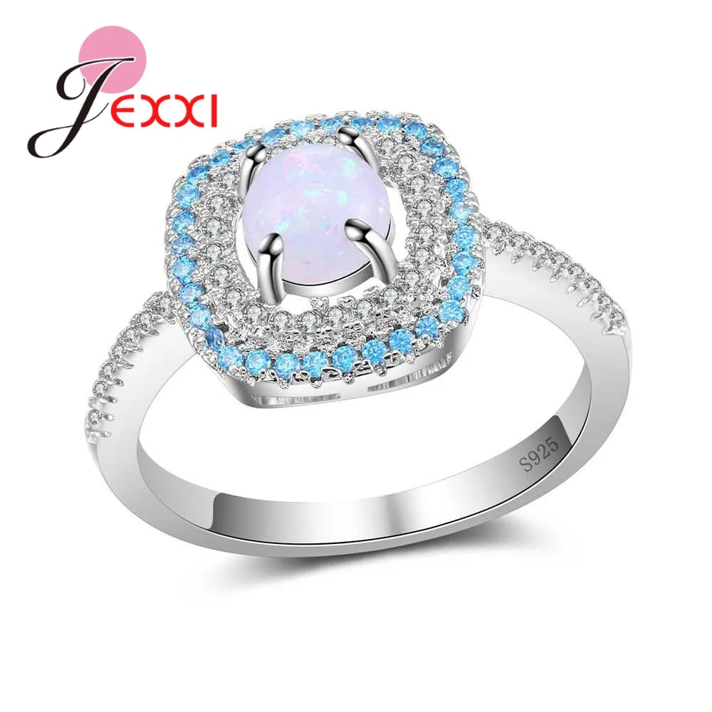 

Elegance 925 Sterling Silver Jewelry Women's Rings White Fire Opal Blue Crystals Wholesale Wedding Party Gifts Anel