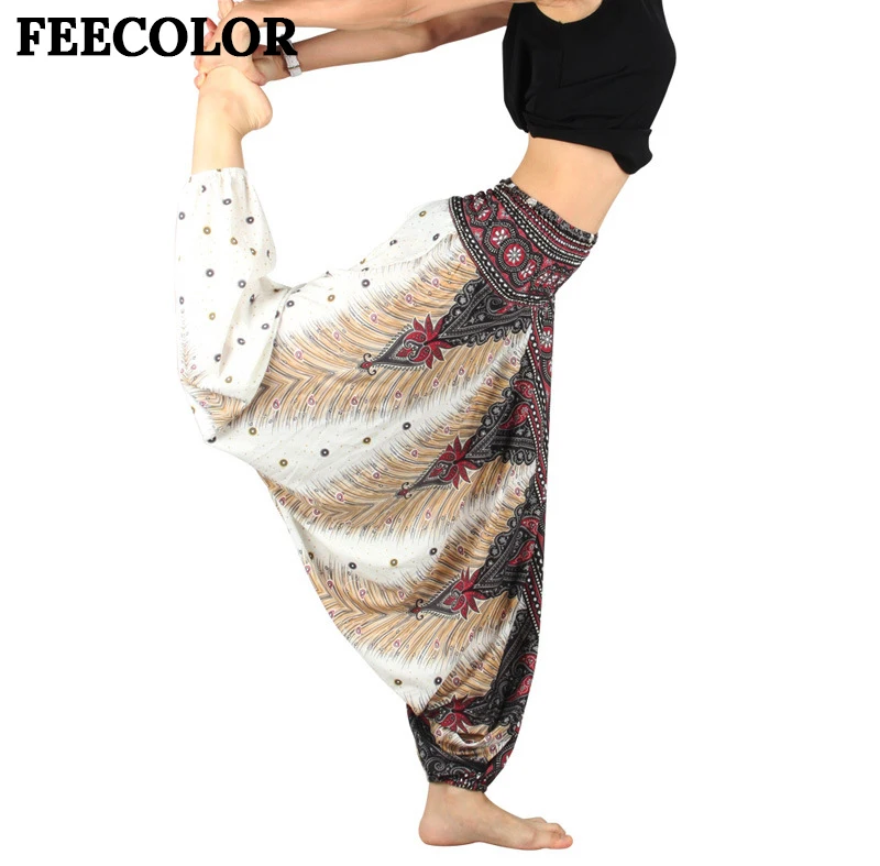 

Женские шаровары FEECOLOR с эластичной резинкой на талии, Свободные мешковатые штаны-шаровары в стиле бохо для танца живота, йоги, путешествий