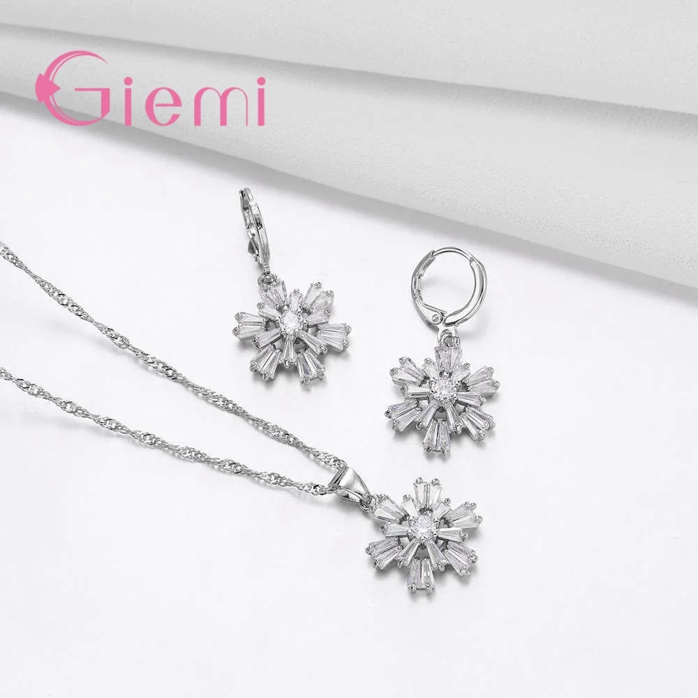 

Snowflake Design Crystal Women Wedding Engagement Jewelry Sets 925 Sterling Silver Necklace Pendant Hoop Earring Accessory