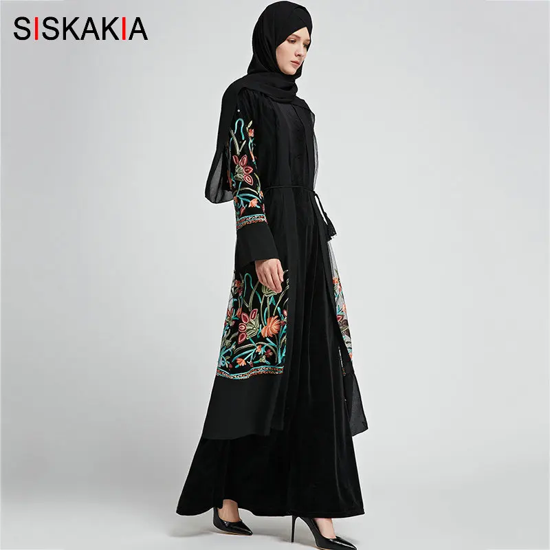 Siskakia мусульманский кардиган для улицы, халаты с кисточкой, пояс, модная черная сетка, Цветочная вышивка, Женская абайя, до середины икры, Дубай, арабский, Новинка