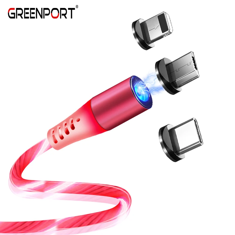 Светящийся Магнитный кабель GREENPORT Светодиодный Шнур Micro USB Type C зарядный для iPhone