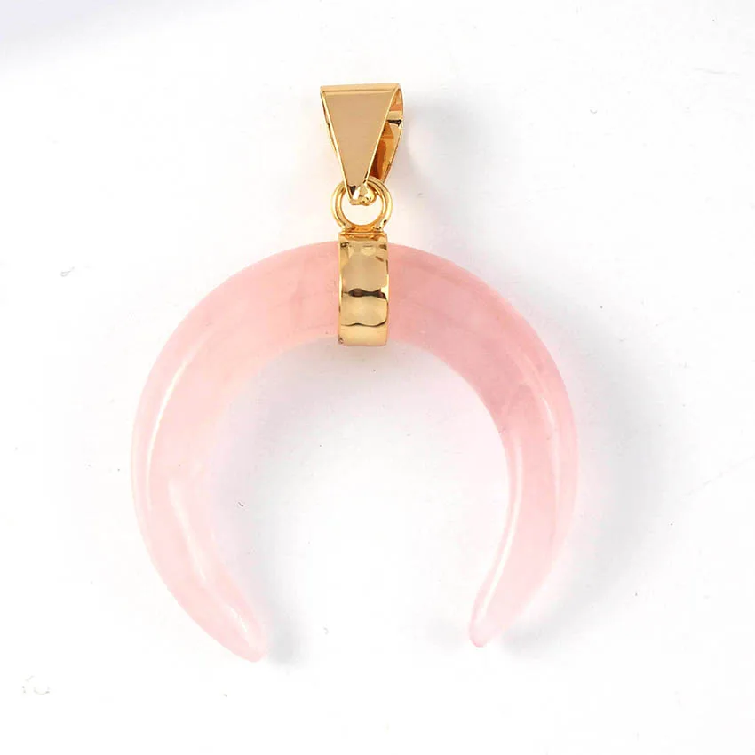 Trendy-Beads Popular Light Yellow Gold Color Natural Rose Pink Quartz Crescent Moon Pendant Charm Jewelry