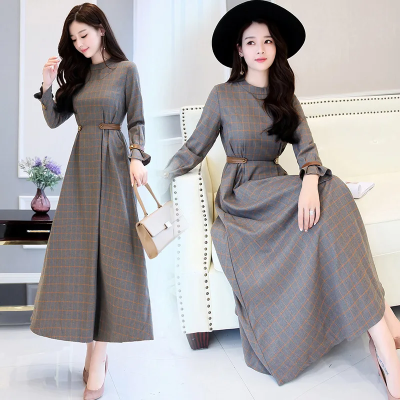 Длинное платье с круглым вырезом и узором в клетку осень 2020|big dress|fashion long dresslong dress |
