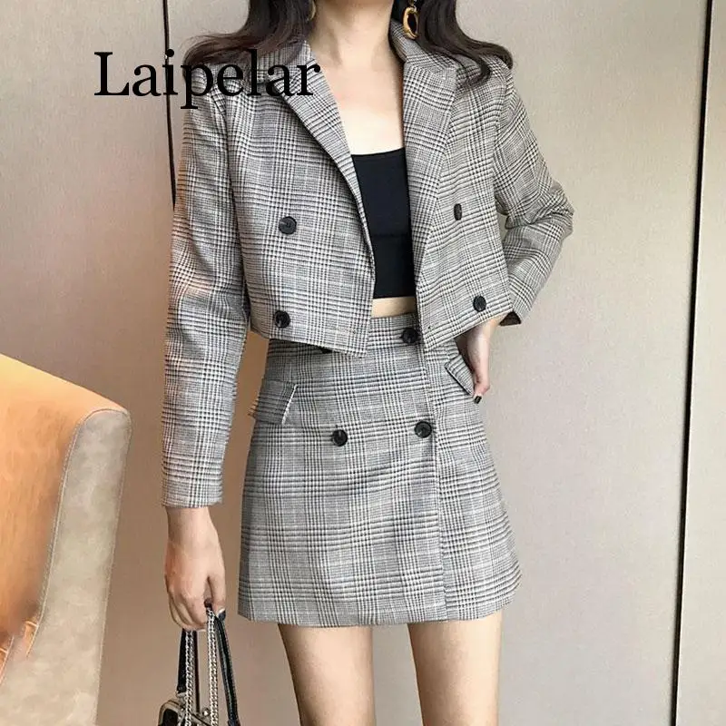 

2020 Laipelar серый женский комплект с вырезом на воротнике клетчатая мини-юбка-карандаш на пуговицах с длинным рукавом 2 предмета