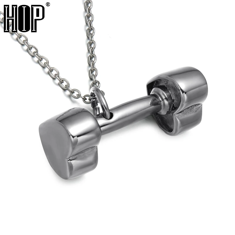 HIP Titanium Stainless Steel Gym Sport Crossfit Fitness Barbell Heart Dumbbell Pendants Necklaces for Men Jewelry | Украшения и