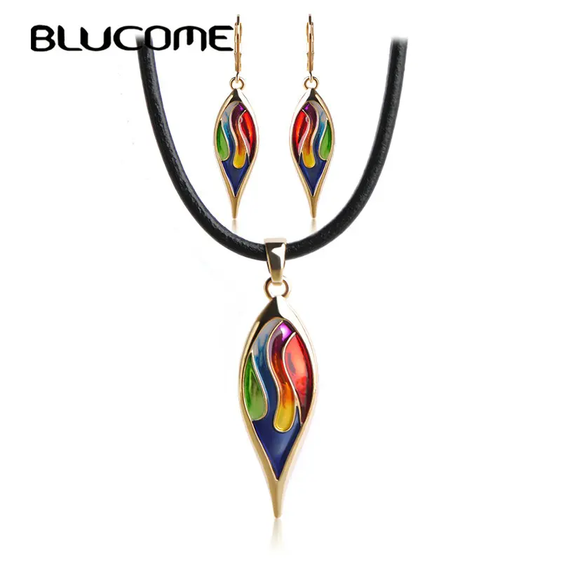 Blucome Latest Enamel Leaves Long Earrings Necklace Set Wedding Women Girls Jewelry Sets Black Rope Chokers Pendants Pendientes | Украшения