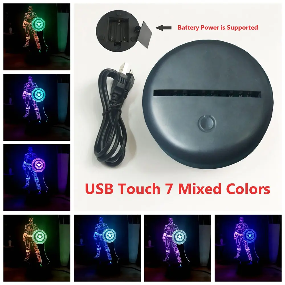 Touch One 7 Color Светодиодный 3d-ночник Marvel Капитан Америка USB сенсорный пульт дистанционного прикроватная лампа Детская комната Декор Детский подарок на день рождения Рождество многоцветный - Испускаемый цвет: Touch One 7 Color