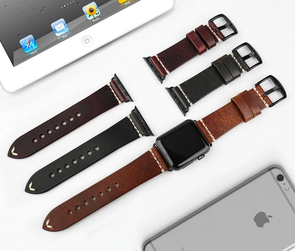 Ремешок из вощеной кожи для Apple Watch Band 49 мм 44 45 40 41 42 38 Series 8/7/SE/6/5/4 iWatch - купить по