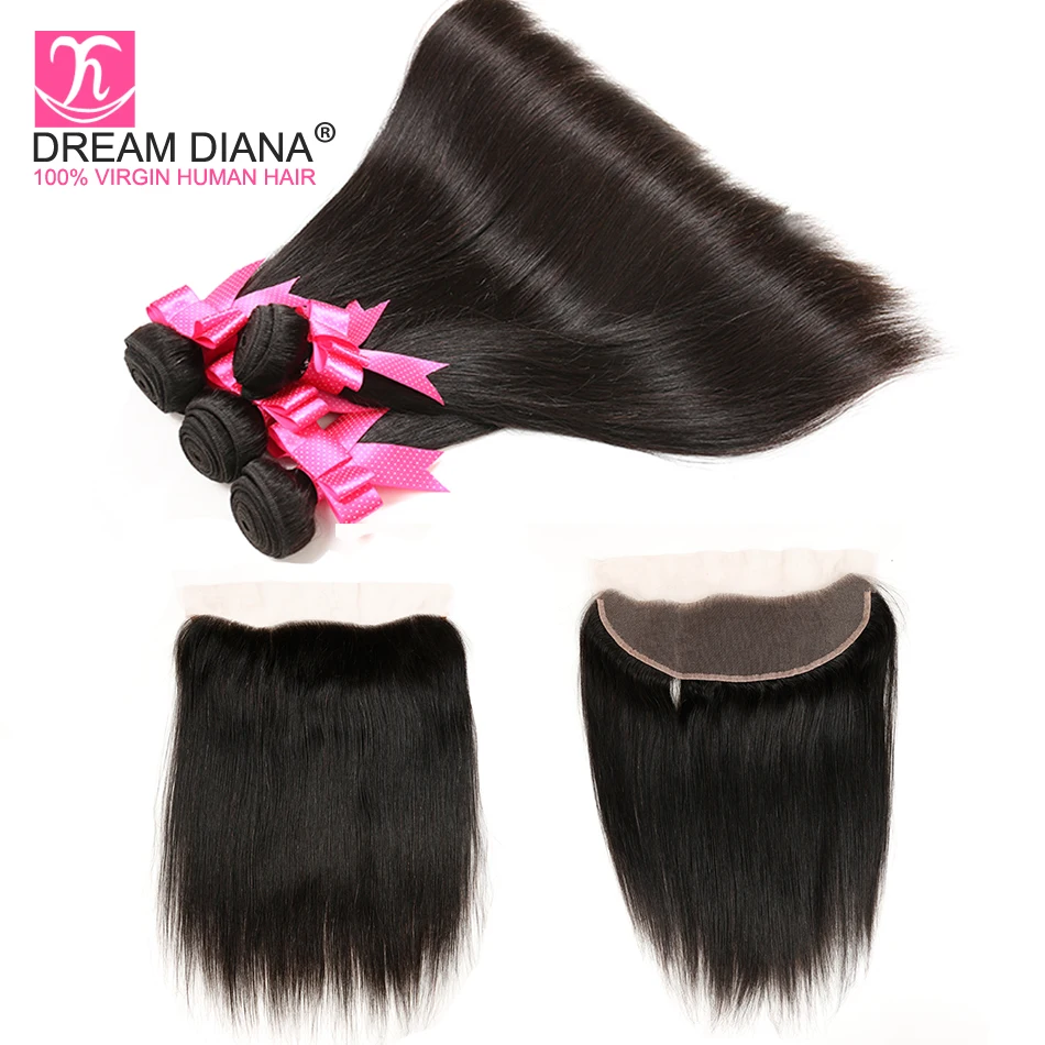 DreamDiana бразильский шелковистые прямые пучки и фронтальные волосы remy уха до