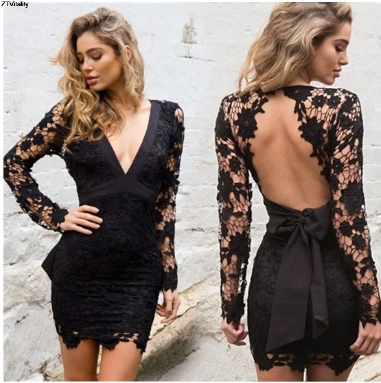 ZTVitality Lace Patchwork Women Dresses V-Neck Blackless Hollow Out Vestido De Festa Sexy Bandage Party Dress Slim Vestidos | Женская