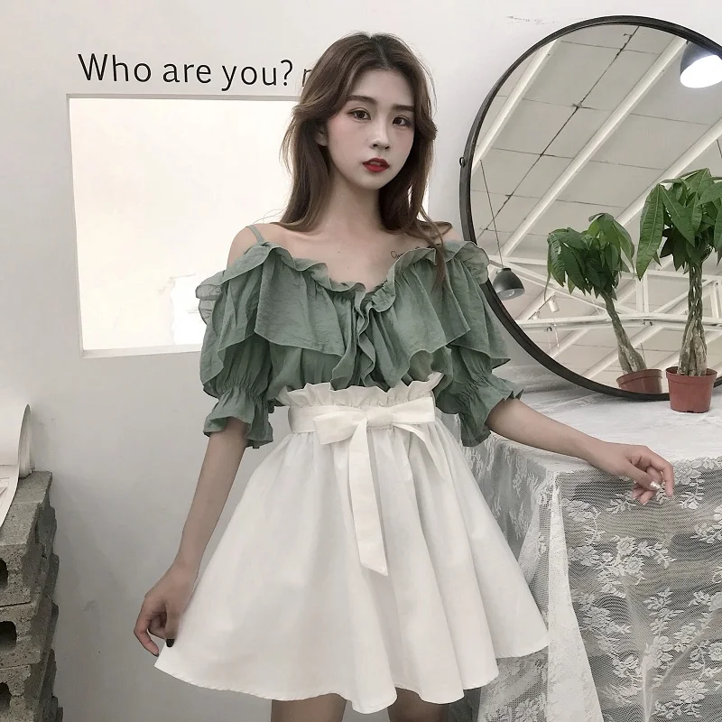 Женские рубашки Ulzzang японский кавайный женский гофрированный с открытыми
