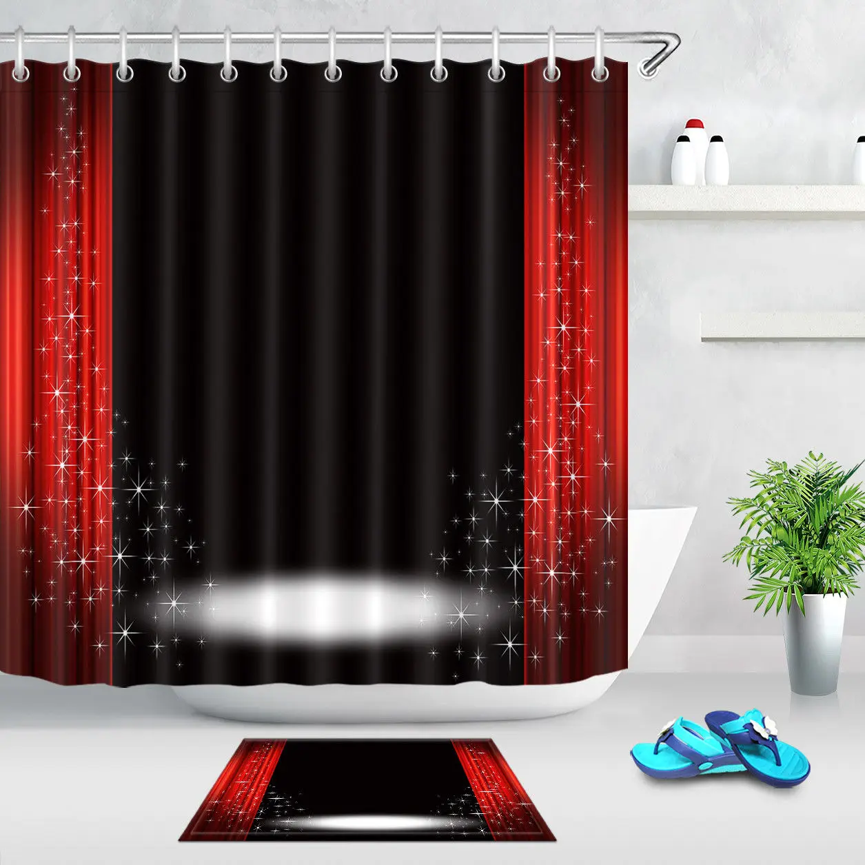 

Theater Stage Fabric Shower Curtain Set Bathroom Waterproof Fabric & 12 Hooks