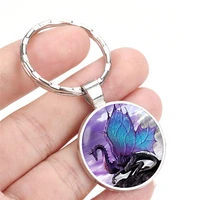 blue dragon keychain pendant wings dragon key chain ring holder 3d glass dome cabochon picture fashion keyring men women gift