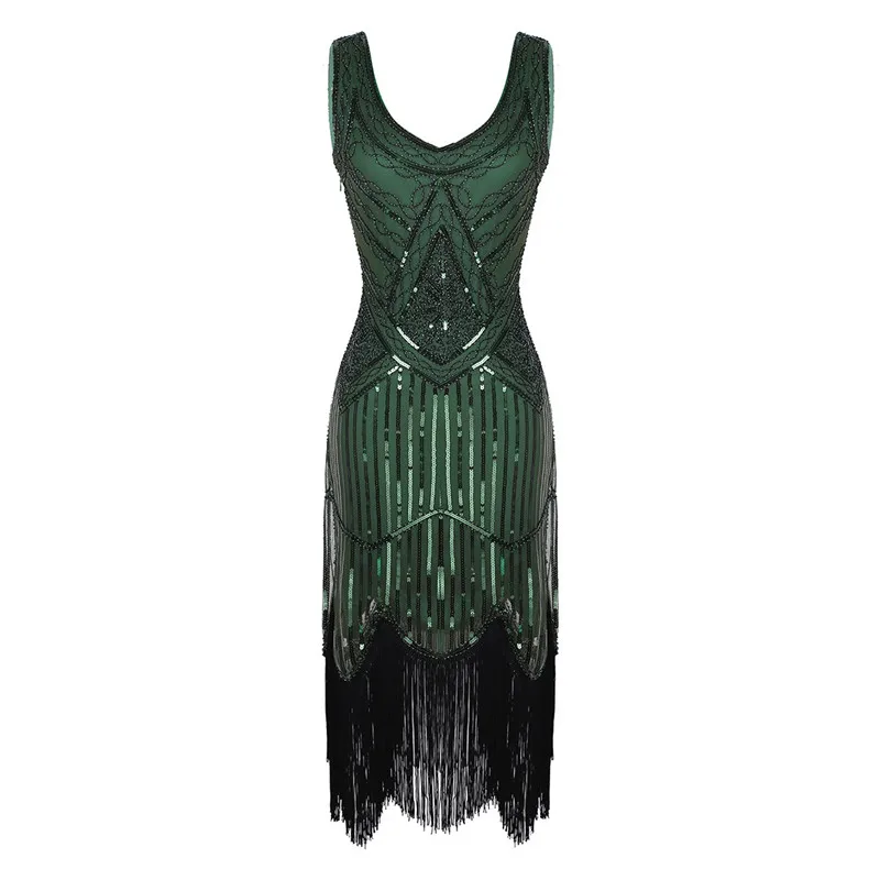 Dark Green Женское винтажное коктейльное платье с блестящими пайетками и бисером, модель 1920 s, без рукавов, с v-образным вырезом, бахромой и кисточками, платье для выпускного вечера, пышное платье Vestidos - Цвет: Dark Green