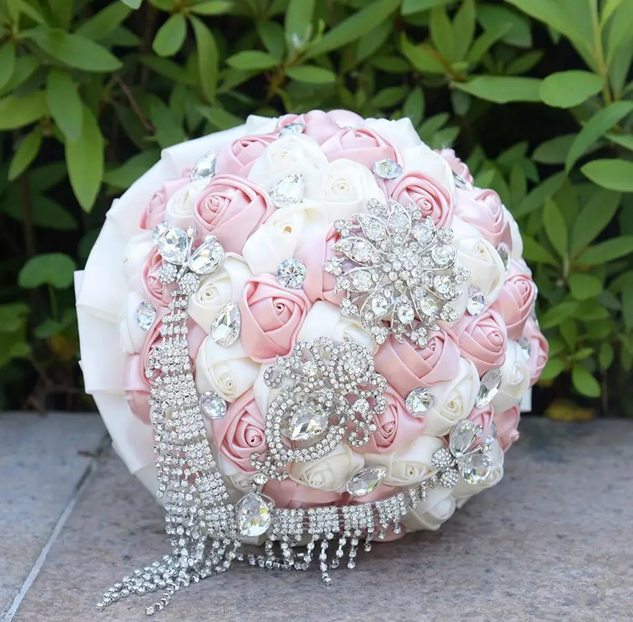 Light Pink AYiCuthia букет De Mariage лиловый Королевский синий/фиолетовый/черный букет невесты свадебные шелковые розы невесты Букеты свадебные с кристаллами - Цвет: Light Pink