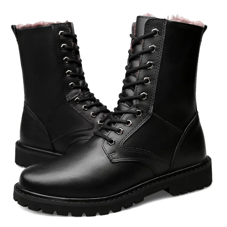 Merkmak Genuine Leather Snow Boots Autumn& Winter Military Boot Plush Outdoor Casual Men's High Boots Footwear Lace up Flats