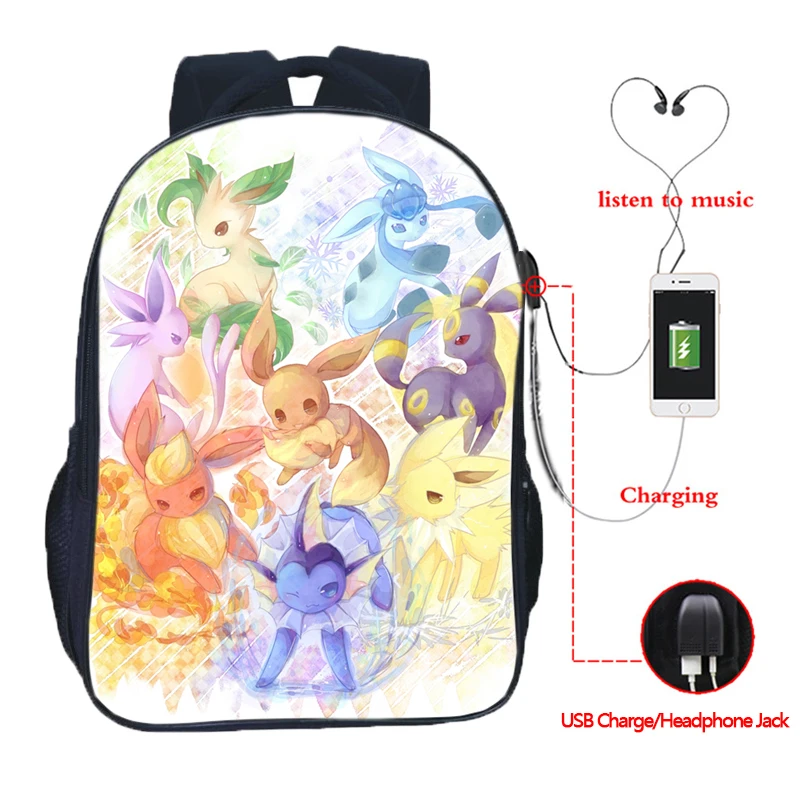 12 Pokemon GO USB зарядка школьная сумка Пикачу для мальчиков и девочек школьная сумка Eevee usb зарядка школьный рюкзак модный рюкзак с покемоном Gengar - Цвет: 12
