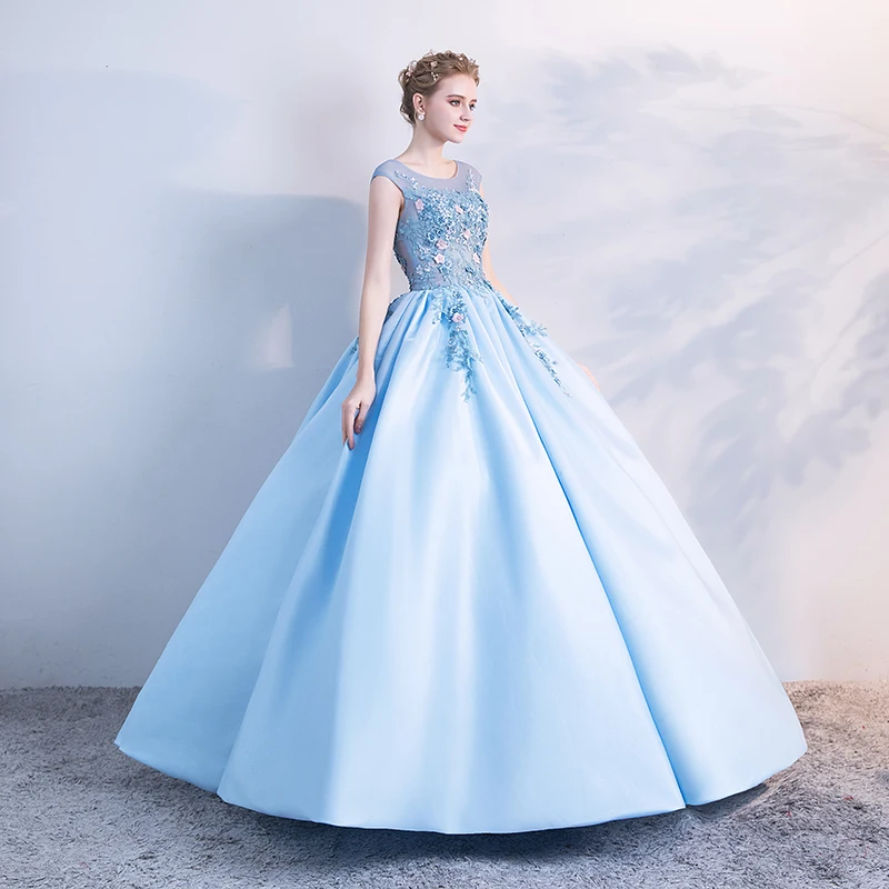 JaneVini Charming Sky Blue Puffy Quinceanera Dresses Plus Size Ball Gown 2019 Scoop Neck Satin Appliques Beaded Sweet 16 Dress | Свадьбы и