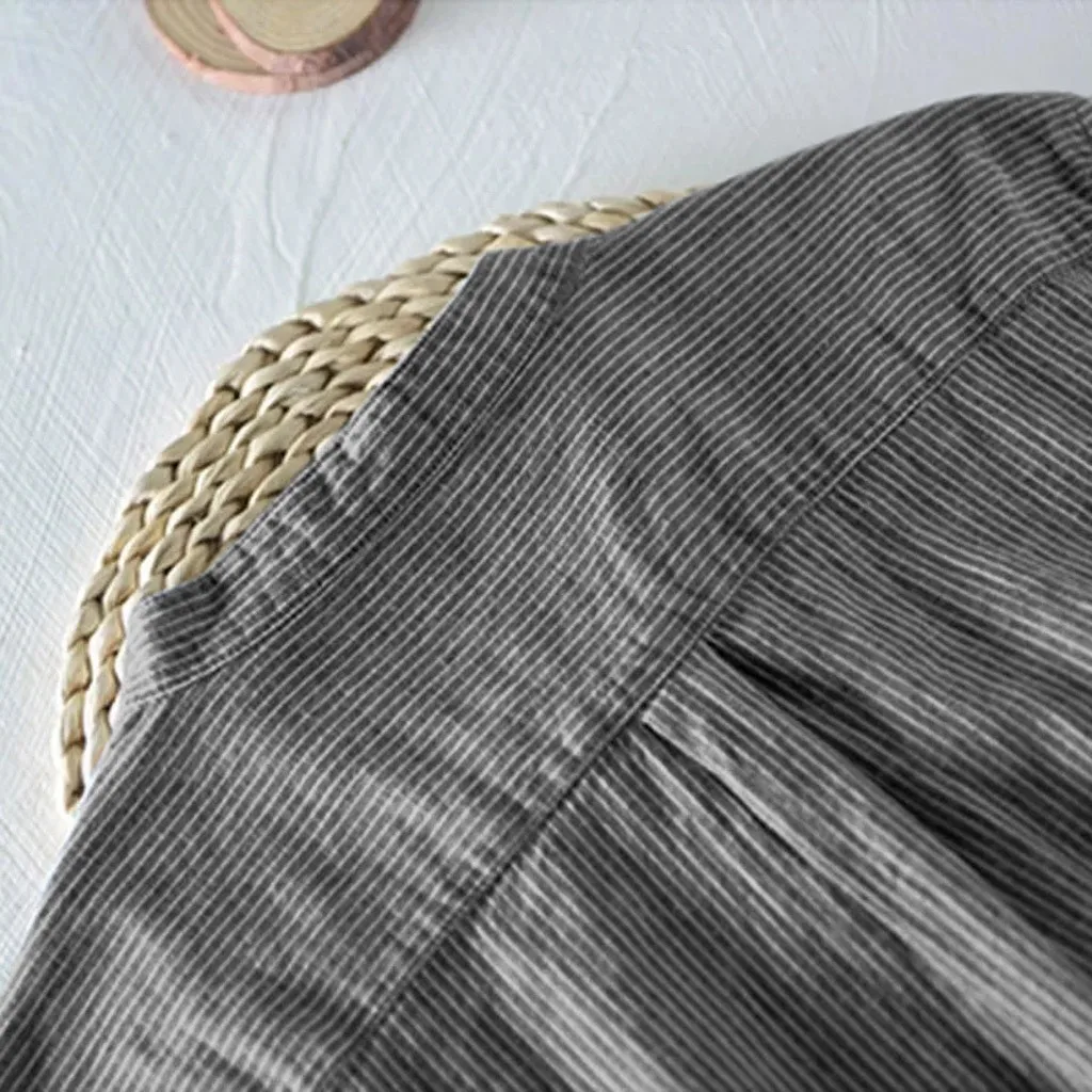 

M-3XL Men's Baggy Stripe Embroidery Cotton Linen Long Sleeve Button Plus Size Shirts Men Clothing Soft Comfortable Men's Shirt