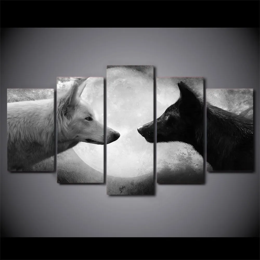 lack And White Wolves wolf Modern Pictures Wall Office print Painting Oil Canvas 5 Panel frame Living Room Home Decor | Дом и сад